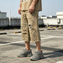 Washed Spiderweb Applique Cropped Pants | Distressed Ripped Streetwear Jeans | Custom Streetwear