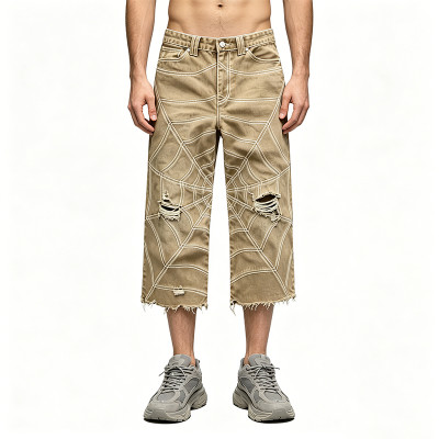 Washed Spiderweb Applique Cropped Pants | Distressed Ripped Streetwear Jeans | Custom Streetwear