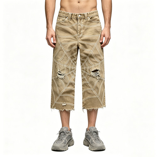 Washed Spiderweb Applique Cropped Pants | Distressed Ripped Streetwear Jeans | Custom Streetwear