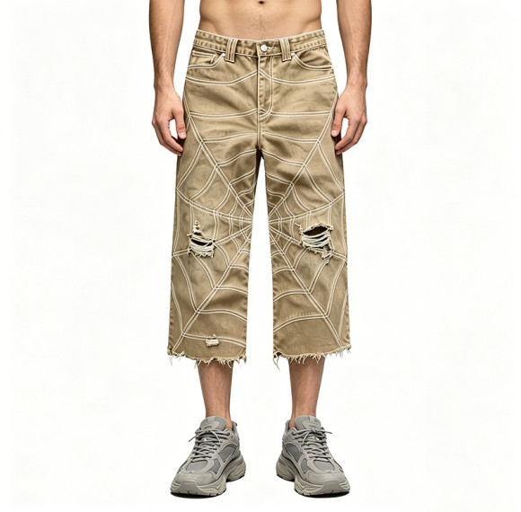 Washed Spiderweb Applique Cropped Pants | Distressed Ripped Streetwear Jeans | Custom Streetwear