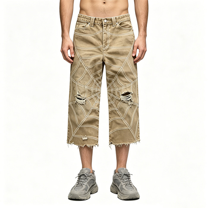 Washed Spiderweb Applique Cropped Pants | Distressed Ripped Streetwear Jeans | Custom Streetwear