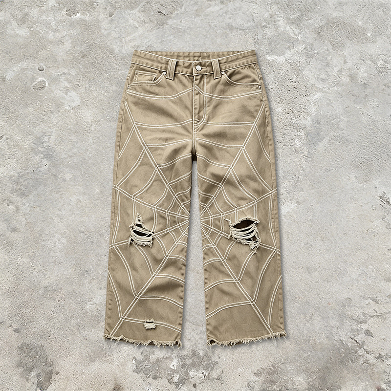 Washed Spiderweb Applique Cropped Pants