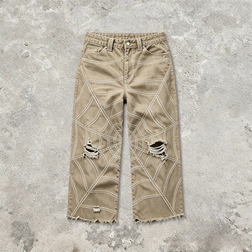 Washed Spiderweb Applique Cropped Pants | Distressed Ripped Streetwear Jeans | Custom Streetwear
