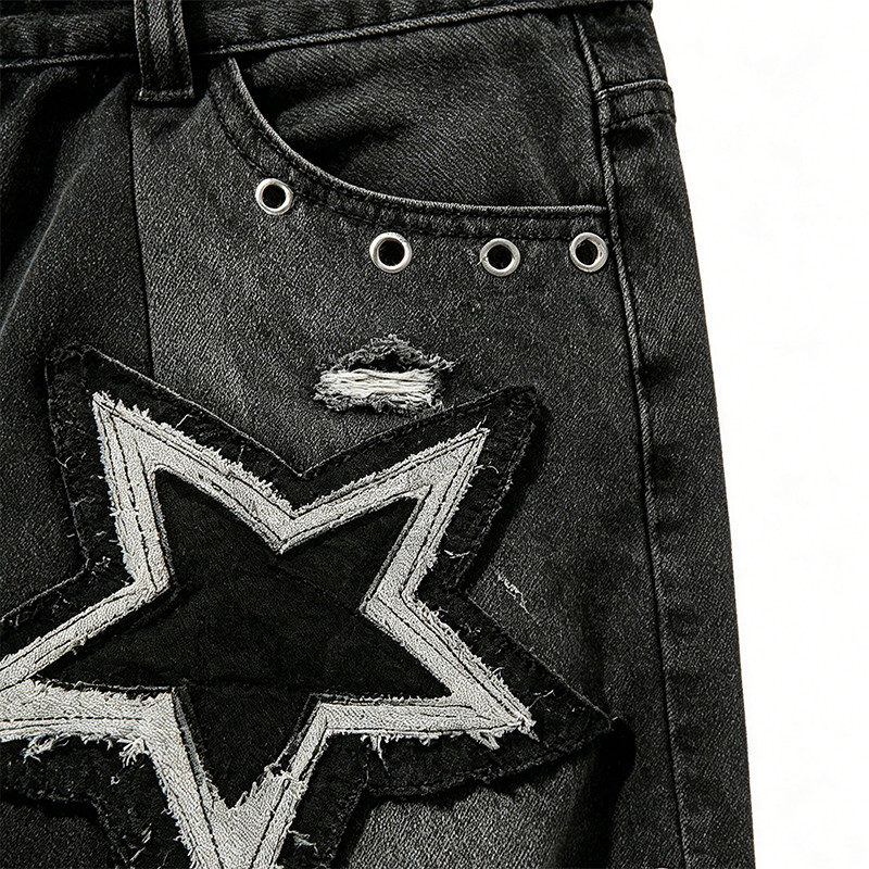 Star Applique Spray Dye Washed Denim Capri Pants