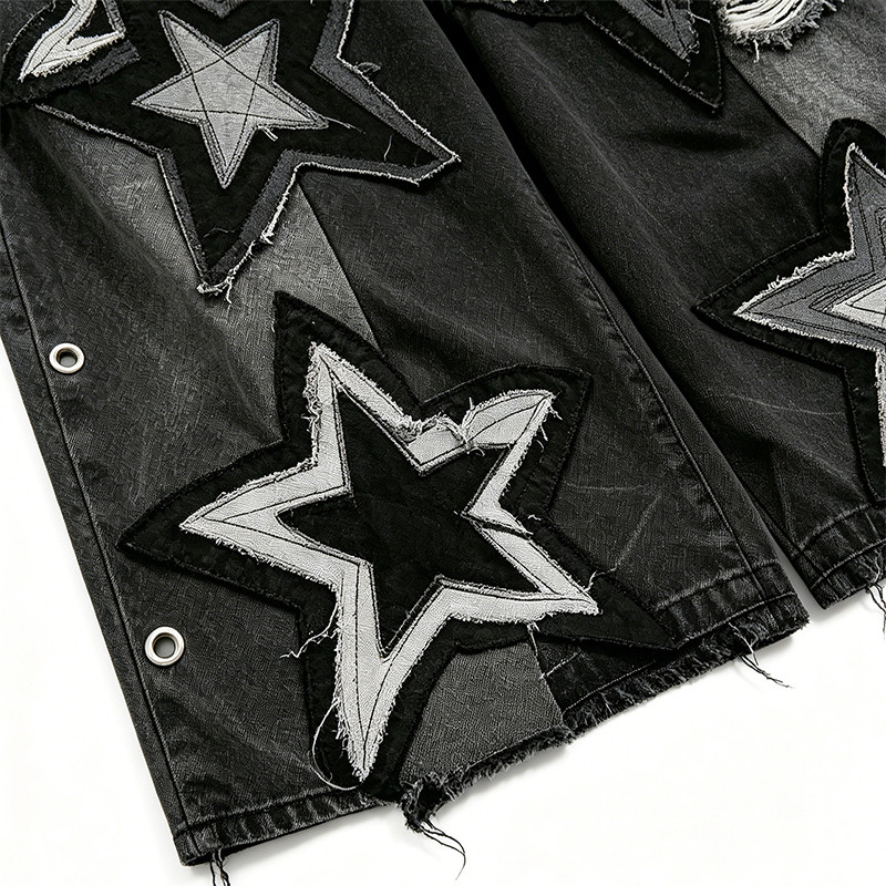 Star Applique Spray Dye Washed Denim Capri Pants