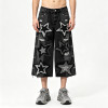 Star Applique Spray Dye Washed Denim Capri Pants | Black Eyelet Distressed rippped pants  | OEM Streetwear