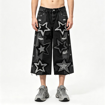 Star Applique Spray Dye Washed Denim Capri Pants | Black Eyelet Distressed rippped pants  | OEM Streetwear