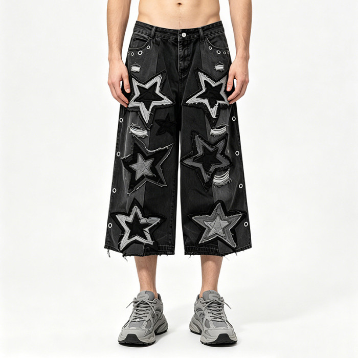Star Applique Spray Dye Washed Denim Capri Pants | Black Eyelet Distressed rippped pants  | OEM Streetwear