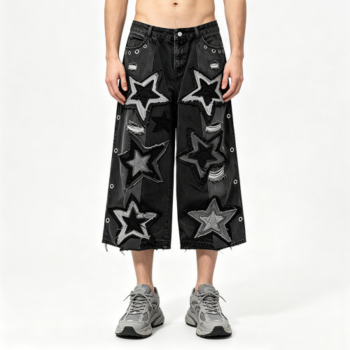 Star Applique Spray Dye Washed Denim Capri Pants | Black Eyelet Distressed rippped pants  | OEM Streetwear