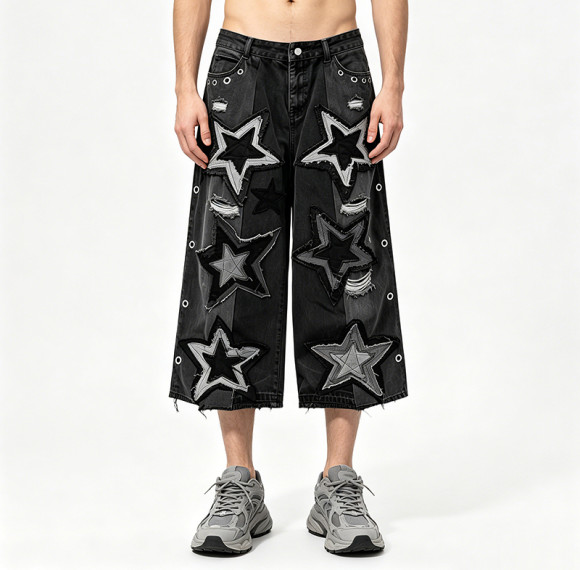 Star Applique Spray Dye Washed Denim Capri Pants | Black Eyelet Distressed rippped pants | OEM Streetwear