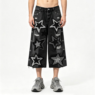 Star Applique Spray Dye Washed Denim Capri Pants | Black Eyelet Distressed rippped pants | OEM Streetwear
