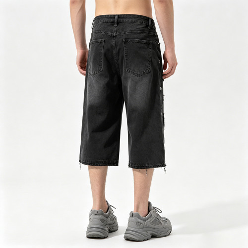 Star Applique Spray Dye Washed Denim Capri Pants | Black Eyelet Distressed rippped pants  | OEM Streetwear