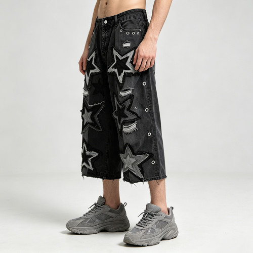 Star Applique Spray Dye Washed Denim Capri Pants | Black Eyelet Distressed rippped pants  | OEM Streetwear