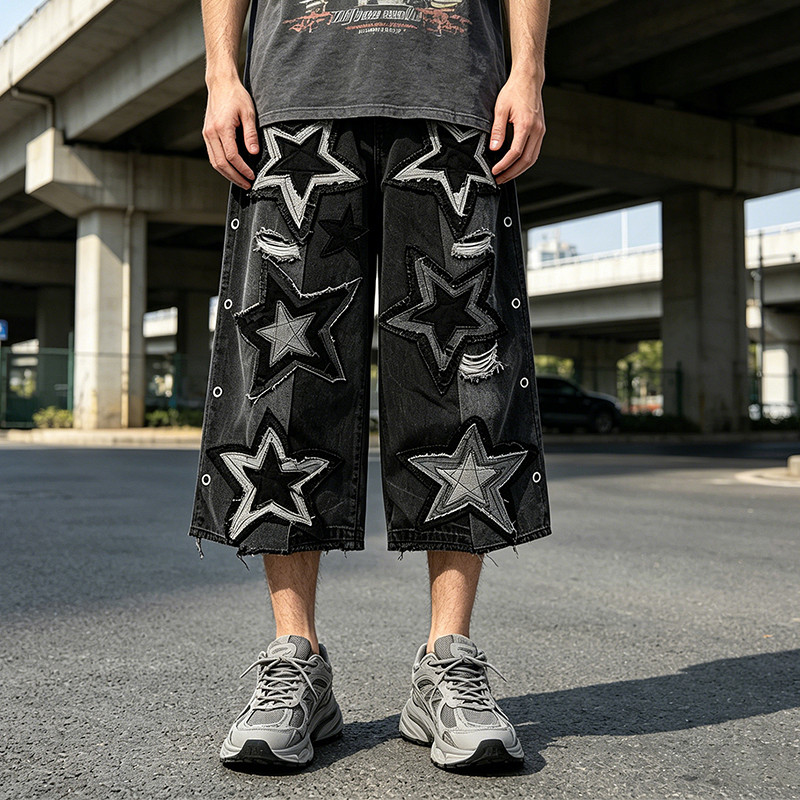 Star Applique Spray Dye Washed Denim Capri Pants