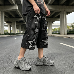 Star Applique Spray Dye Washed Denim Capri Pants | Black Eyelet Distressed rippped pants  | OEM Streetwear
