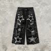Star Applique Spray Dye Washed Denim Capri Pants | Black Eyelet Distressed rippped pants  | OEM Streetwear