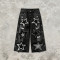 Star Applique Spray Dye Washed Denim Capri Pants | Black Eyelet Distressed rippped pants  | OEM Streetwear