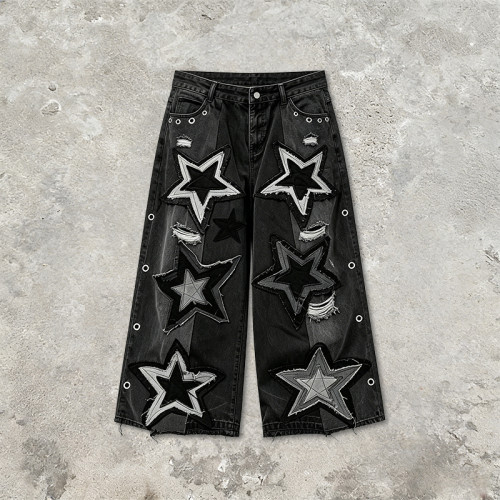 Star Applique Spray Dye Washed Denim Capri Pants | Black Eyelet Distressed rippped pants  | OEM Streetwear