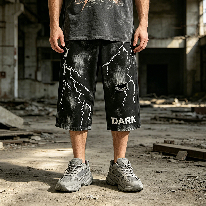 Screen Print Washed Bleach Spray Dye Applique Cropped shorts