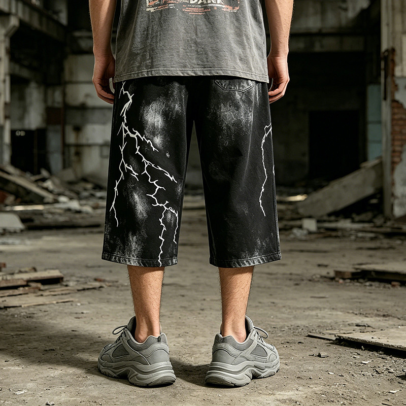 Screen Print Washed Bleach Spray Dye Applique Cropped shorts