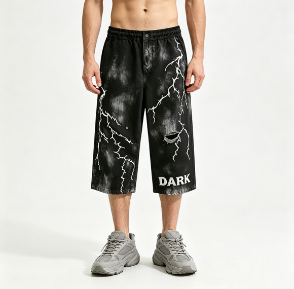 Screen Print Washed Bleach Spray Dye Applique Cropped shorts | Distressed Ripped Vintage Pants | OEM Streetwear