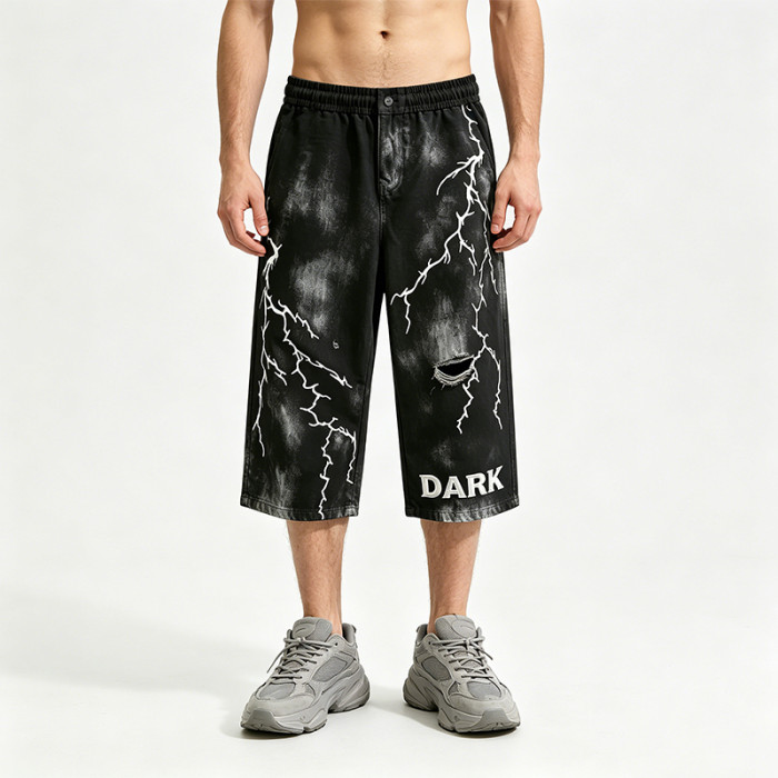 Screen Print Washed Bleach Spray Dye Applique Cropped shorts | Distressed Ripped Vintage Pants | OEM Streetwear