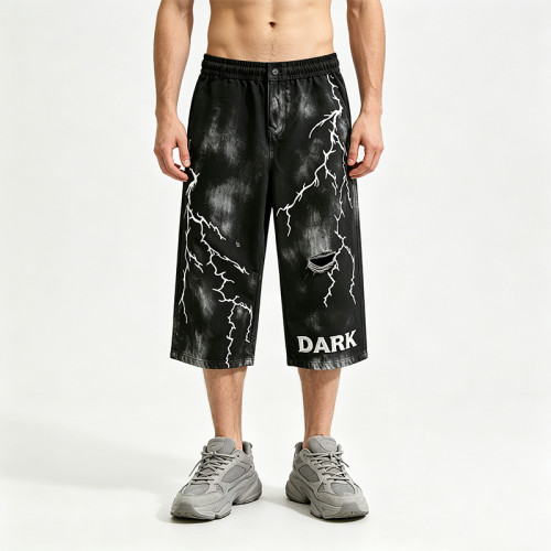 Screen Print Washed Bleach Spray Dye Applique Cropped shorts | Distressed Ripped Vintage Pants | OEM Streetwear