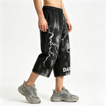 Screen Print Washed Bleach Spray Dye Applique Cropped shorts | Distressed Ripped Vintage Pants | OEM Streetwear