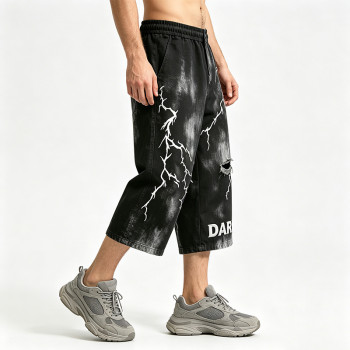 Screen Print Washed Bleach Spray Dye Applique Cropped shorts | Distressed Ripped Vintage Pants | OEM Streetwear