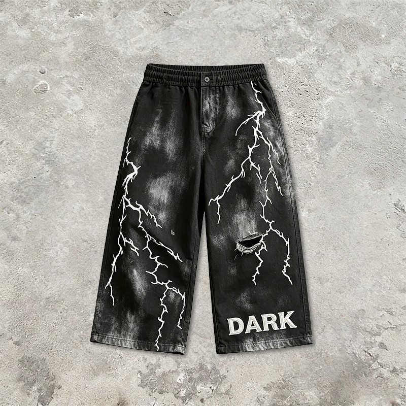 Screen Print Washed Bleach Spray Dye Applique Cropped shorts