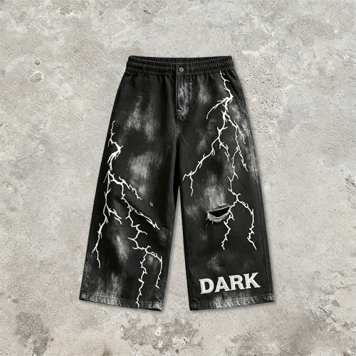 Screen Print Washed Bleach Spray Dye Applique Cropped shorts | Distressed Ripped Vintage Pants | OEM Streetwear