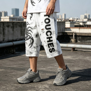 Vintage Spray Dye Scorpion Screen Print Cropped Pants | Distressed Ripped Detailing | Custom Streetwear