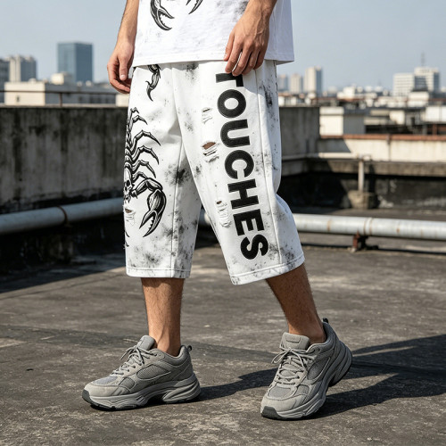 Vintage Spray Dye Scorpion Screen Print Cropped Pants | Distressed Ripped Detailing | Custom Streetwear