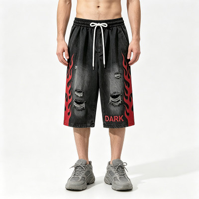 Spray Dye Washed Black Distressed Ripped Cropped shorts | Flame Applique Rhinestone Ripped Shorts | OEM Streetwear