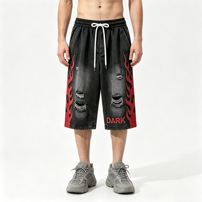 Spray Dye Washed Black Distressed Ripped Cropped shorts | Flame Applique Rhinestone Ripped Shorts | OEM Streetwear