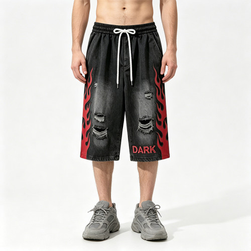 Spray Dye Washed Black Distressed Ripped Cropped shorts | Flame Applique Rhinestone Ripped Shorts | OEM Streetwear