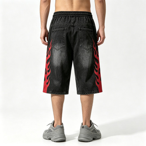 Spray Dye Washed Black Distressed Ripped Cropped shorts | Flame Applique Rhinestone Ripped Shorts | OEM Streetwear