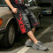 Spray Dye Washed Black Distressed Ripped Cropped shorts | Flame Applique Rhinestone Ripped Shorts | OEM Streetwear