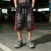 Spray Dye Washed Black Distressed Ripped Cropped shorts | Flame Applique Rhinestone Ripped Shorts | OEM Streetwear