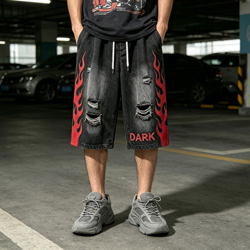 Spray Dye Washed Black Distressed Ripped Cropped shorts | Flame Applique Rhinestone Ripped Shorts | OEM Streetwear