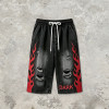 Spray Dye Washed Black Distressed Ripped Cropped shorts | Flame Applique Rhinestone Ripped Shorts | OEM Streetwear
