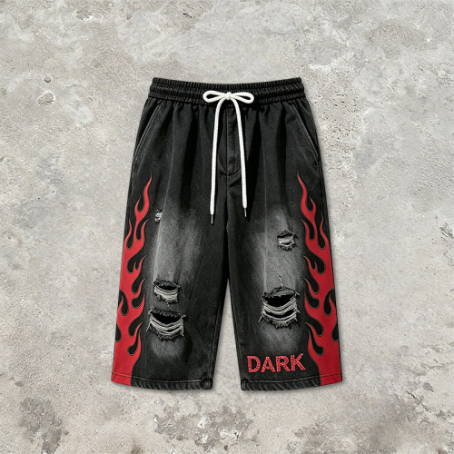Spray Dye Washed Black Distressed Ripped Cropped shorts | Flame Applique Rhinestone Ripped Shorts | OEM Streetwear