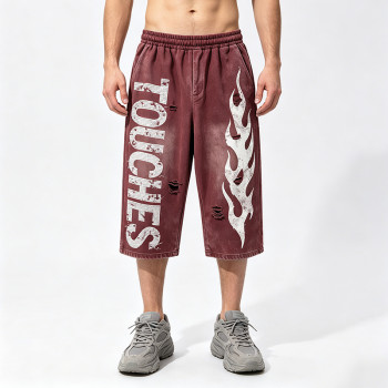 Washed Spray Dye Screen Print Vintage Cropped Pants | Flame Print Distressed Ripped Streetwear | Custom Streetwear