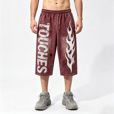 Washed Spray Dye Screen Print Vintage Cropped Pants | Flame Print Distressed Ripped Streetwear | Custom Streetwear