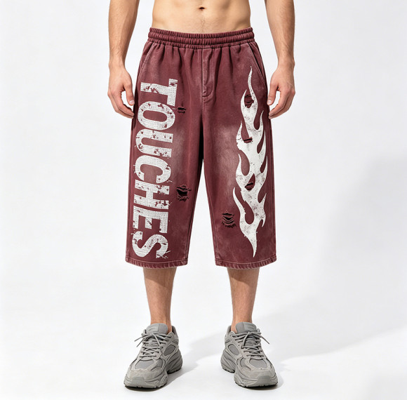 Washed Spray Dye Screen Print Vintage Cropped Pants | Flame Print Distressed Ripped Streetwear | Custom Streetwear