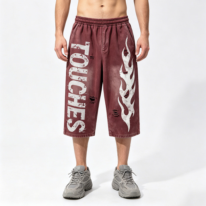 Washed Spray Dye Screen Print Vintage Cropped Pants | Flame Print Distressed Ripped Streetwear | Custom Streetwear