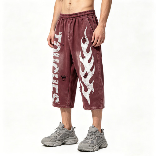 Washed Spray Dye Screen Print Vintage Cropped Pants | Flame Print Distressed Ripped Streetwear | Custom Streetwear