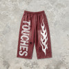 Washed Spray Dye Screen Print Vintage Cropped Pants | Flame Print Distressed Ripped Streetwear | Custom Streetwear