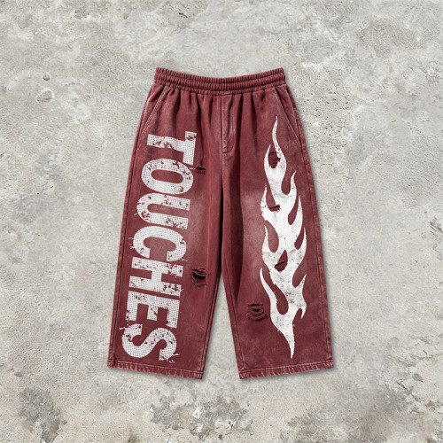 Washed Spray Dye Screen Print Vintage Cropped Pants | Flame Print Distressed Ripped Streetwear | Custom Streetwear