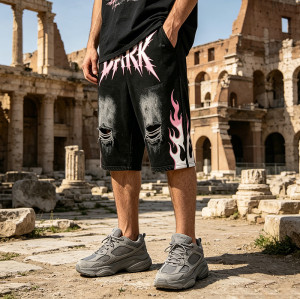 DTG and Screen Print Washed Vintage Cropped shorts | Distressed Ripped Printed Flame Graphics | OEM Streetwear
